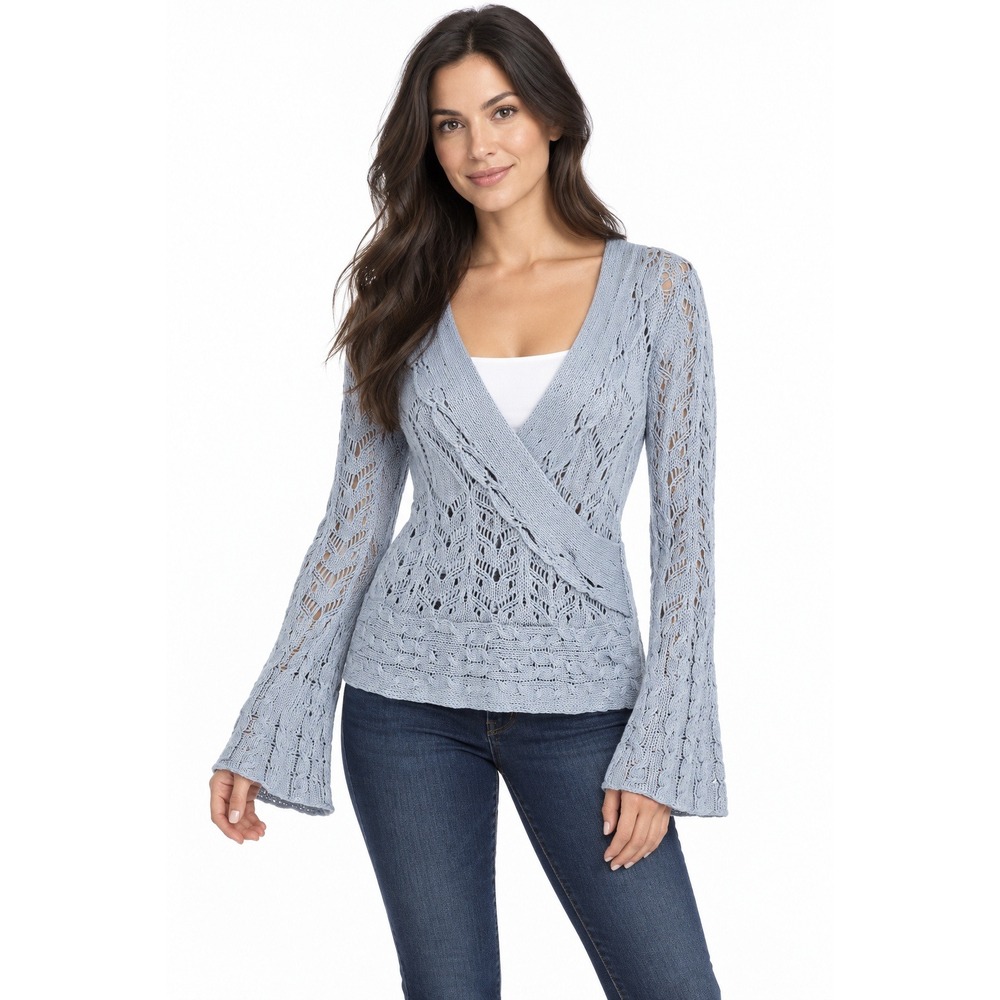 Karen Kane Women's Large Blue Open Knit Cable Wrap Sweater Bell Sleeve NWT